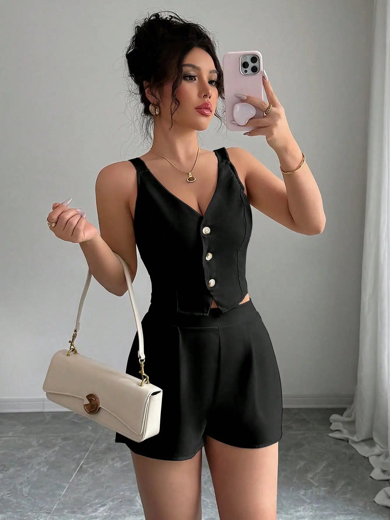 Selianne Apricot Casual & Commute Solid Color Front Button Slit Hem Top + Shorts 2 Pieces Set For Women